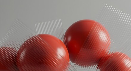 Abstract Red Spheres Behind Corrugated Plastic on Grey Background
