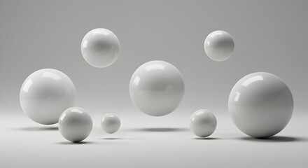 Floating and Resting White Spheres on Light Grey Background