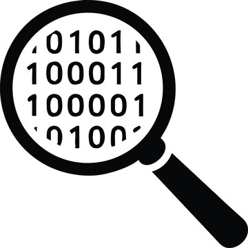 Black silhouette of a magnifying glass revealing binary code concept design