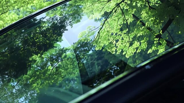 Lush green foliage reflected in a car window