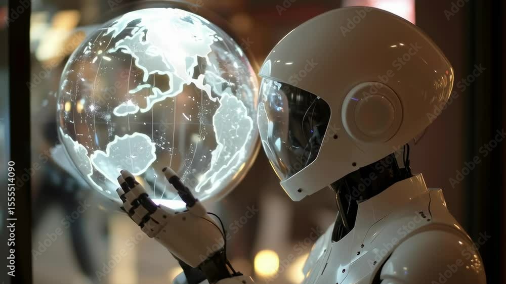 Poster a robot is holding a globe in its hand. the robot is wearing a white helmet and is standing in front