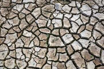 Parched, cracked earth in a dry reservoir bed, showing the effects of extreme drought and water...