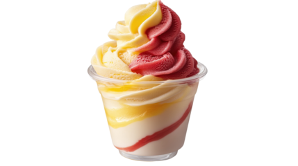 Three ice cream cones with different fruit flavors and colors splash around against a bright white background creating a cheerful summer dessert design for food posters