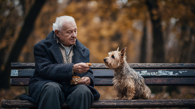 An elderly man sitting peacefully on a park bench feeding his small terrier during a quiet autumn morning in soft natural light