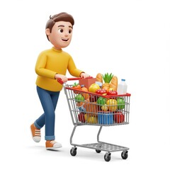 Cheerful Cartoon Boy Pushing Full Grocery Shopping Cart