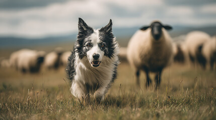 A border collie herding sheep in a wide open green pasture with intense focus mid-sprint motion rural landscape real photo stock photography