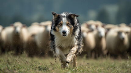 A border collie herding sheep in a wide open green pasture with intense focus mid-sprint motion rural landscape real photo stock photography