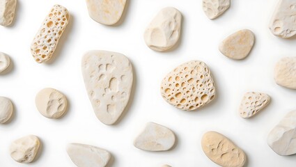 Obraz premium Porous and smooth pale stones arranged on white pebbles textured