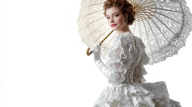Elegant Young Woman in Vintage Dress with White Parasol