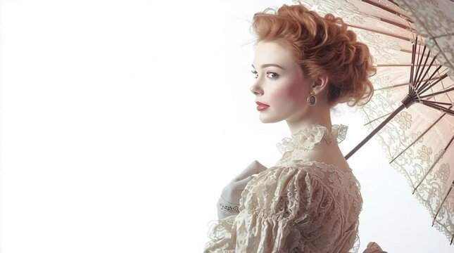 Elegant woman with vintage parasol in soft natural light portrait