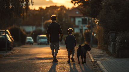 A father walking his child and their Labrador through a quiet suburban street at sunset family moment real photo stock photography