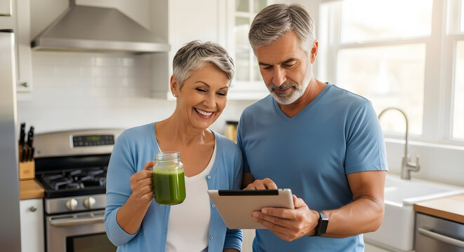 Older Couple Using Tablet in Bright Modern Kitchen