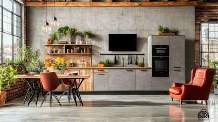 Fototapeta premium Rustic industrial style kitchen with comfortable seating.
