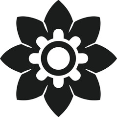 Black floral cog design silhouette with transparency for logos and icons
