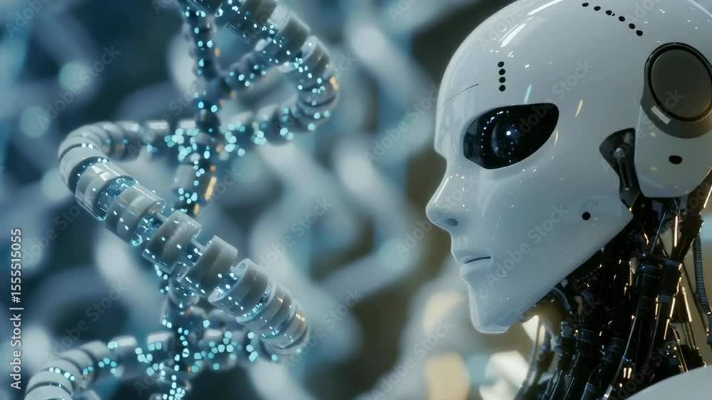Poster a robot with a face made of dna. the robot is white and has a blue face. the robot is surrounded by 