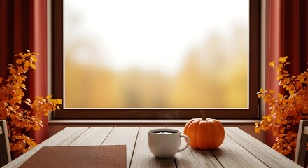 Autumn Window View with Coffee Cup and Pumpkin | Fall Season Home Decor for Thanksgiving and Cozy Lifestyle