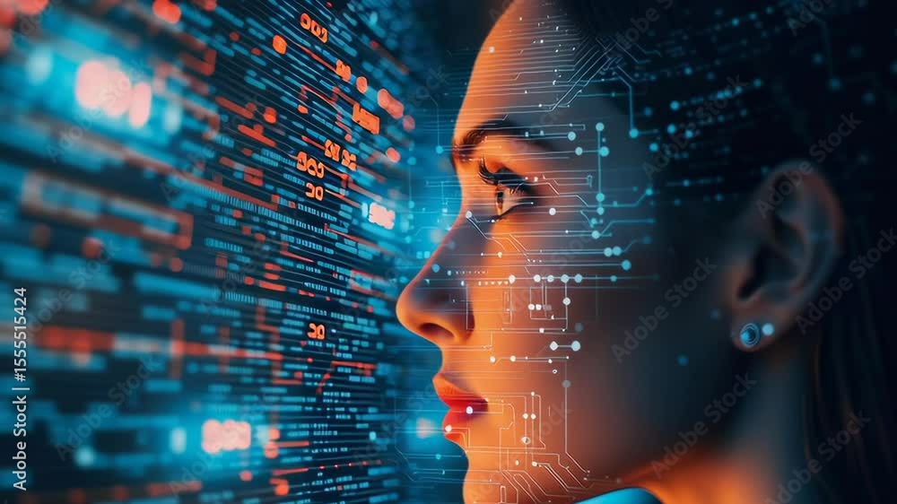 Poster a woman is looking at a computer screen with a face on it. the face is made up of computer code and 