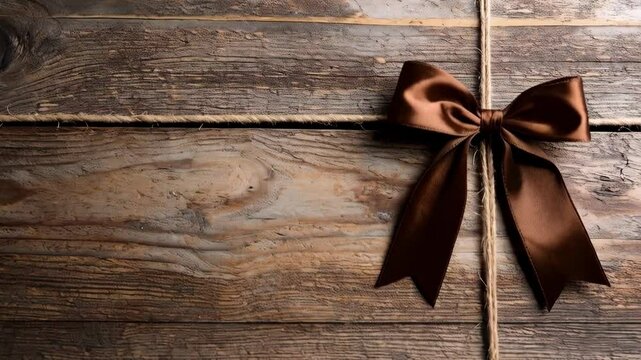 Close-up of a present wrapped with string and a brown silky bow, placed on aged wooden surface for holiday celebration and gift giving