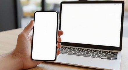 Close-up hand holding a smartphone with white screen is blank  and laptop with white screen. It can use for Mockup.