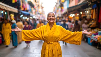 Happy senior woman in a market