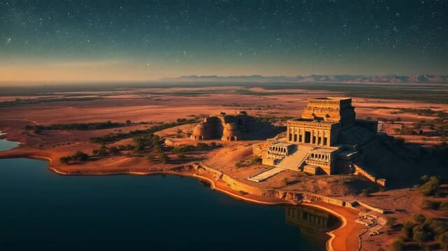 Ancient hillside temple reflecting on calm water under starry desert night