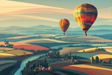 Obraz premium Vibrant Hot Air Balloons Soaring Over Serene Countryside Landscape at Sunrise with Rolling Hills and Curving River