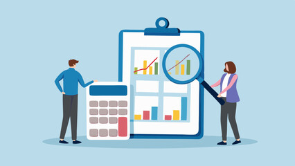 Business analytics team examining financial charts and data with calculator and magnifying glass