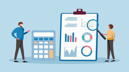 Two people analyze financial data and charts on a clipboard with a calculator nearby