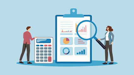 Business professionals analyze financial data and reports with a calculator and magnifying glass