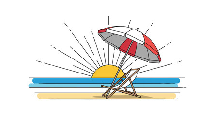 Serene Beach Scene with Sunrise Umbrella and Relaxing Chair by the Ocean