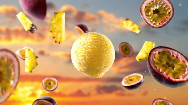 Pineapple and passion fruit swirl with a scoop of yellow ice cream, floating in a colorful sunset sky. Summer dessert, exotic, creative food slow motion background
