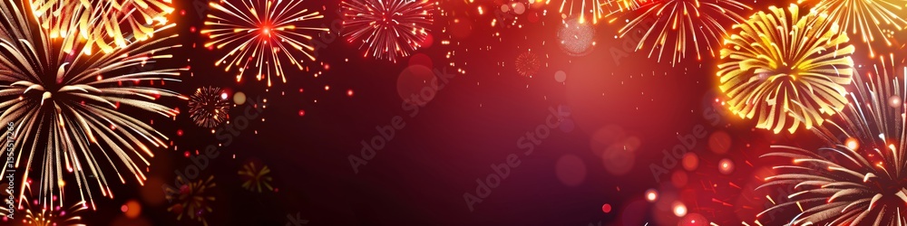 Poster bright golden and red firework display on a dark night sky with sparkling bokeh. festive celebration