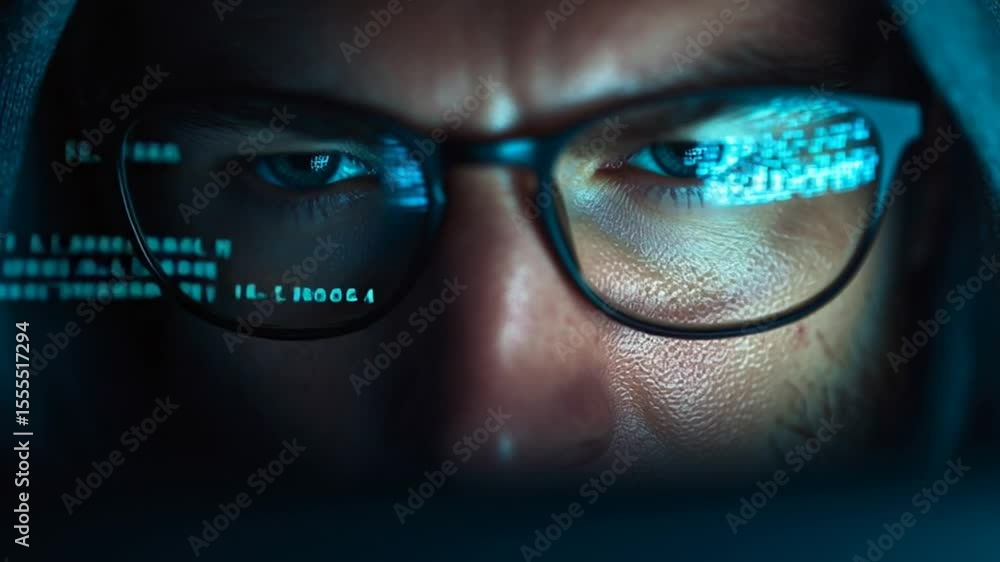Poster hacker at work analyzing code on computer in dimly lit room generative ai