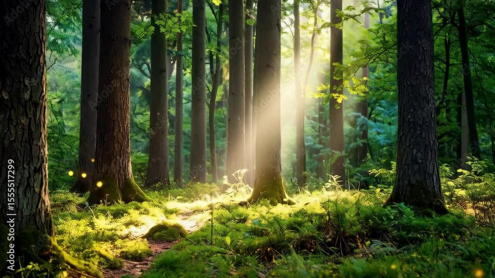 Poster sunlight filters through the tall trees in a dense forest, illuminating mossy ground and creating a 