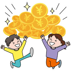 お金を獲得して飛び上がって喜ぶ男女