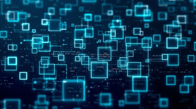 Abstract digital technology background with glowing squares and binary code for tech and innovation visuals