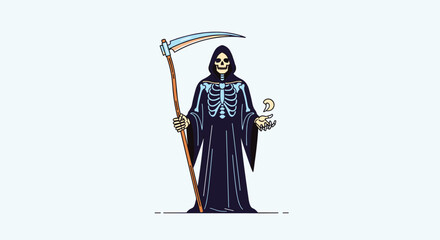 A pixel art depiction of the Grim Reaper holding a scythe and a small bird standing against a white background
