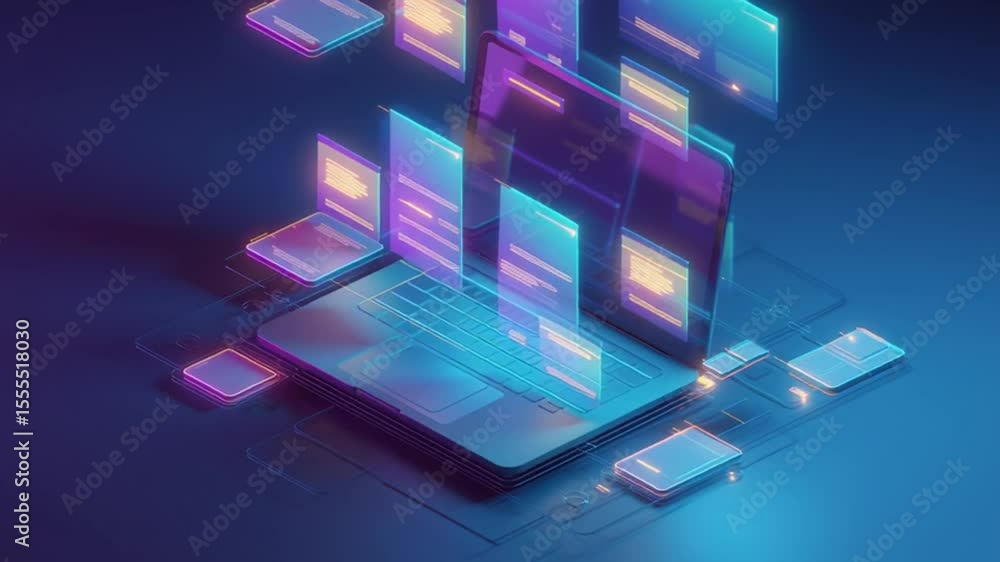 Poster dynamic digital workspace with vibrant holographic elements generative ai