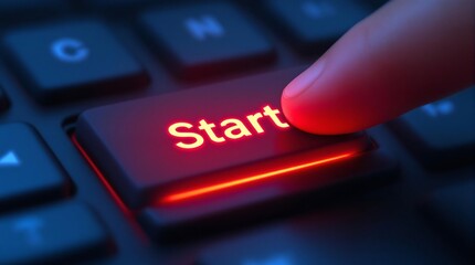 Start button on keyboard finger pressing start key computer keyboard illuminated button technology concept