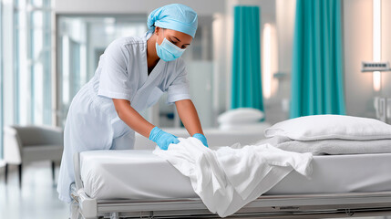 Healthcare worker disinfecting hospital bed in sterile environment.