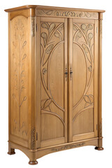 Tall Light Brown Wooden Armoire with Art Nouveau Carvings