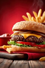 Delicious Juicy Cheeseburger with Fresh Lettuce, Tomato, and Crispy Fries - Gourmet Fast Food Classic