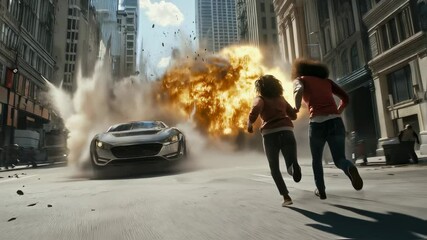 Action shot with man running away. Dynamic scene with car in action movie blockbuster style
