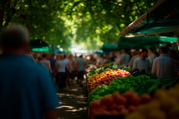 Bustling outdoor market with vibrant fresh produce under the summer sun.