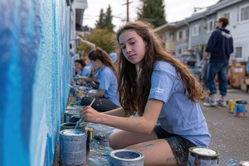 Community Volunteers Painting a Mural on Urban Street for Local City Beautification Project