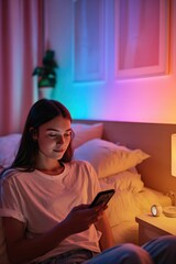 Cozy Evening Indoors: Young Woman Using Smartphone with Ambient LED Lighting in Decorative Bedroom