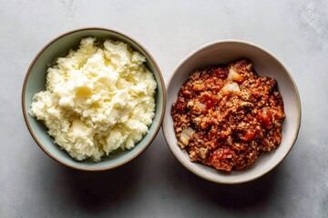 Delicious Homemade Meal with Rich Tomato-Based Stew and Creamy Mashed Potatoes in Rustic Bowls for Authentic Culinary Experience