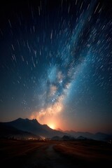 Stunning Night Sky with Milky Way Galaxy and Star Trails above Mountain Landscape
