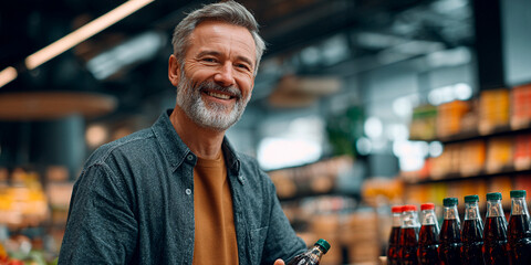 Mature man smiling, holding a Coke bottle in a modern supermarket—cinematic realism.