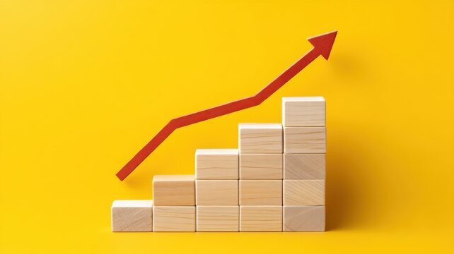 Personal finance development. Growing bar graph with a red arrow on a bright yellow background.